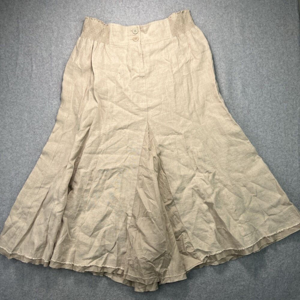 Cabi Maxi Skirt Large Beige 100% Linen Kick Pleats Ruched Waist Prairie Boho